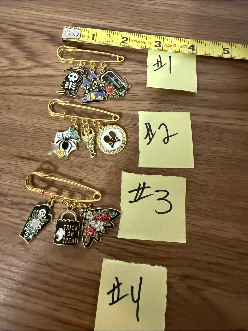 Gold Halloween Charm Safety Pin Set - Black, Purple, White Accents